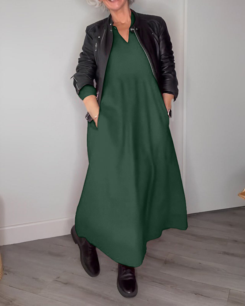 Blandine | Robe Midi Élégante avec Col en V et Manches Longues