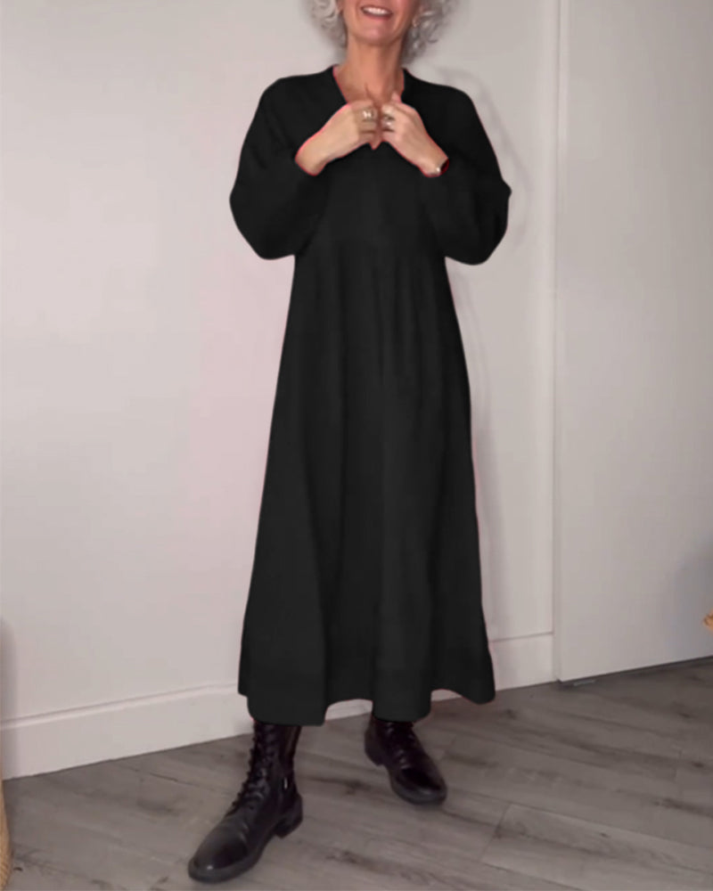 Blandine | Robe Midi Élégante avec Col en V et Manches Longues