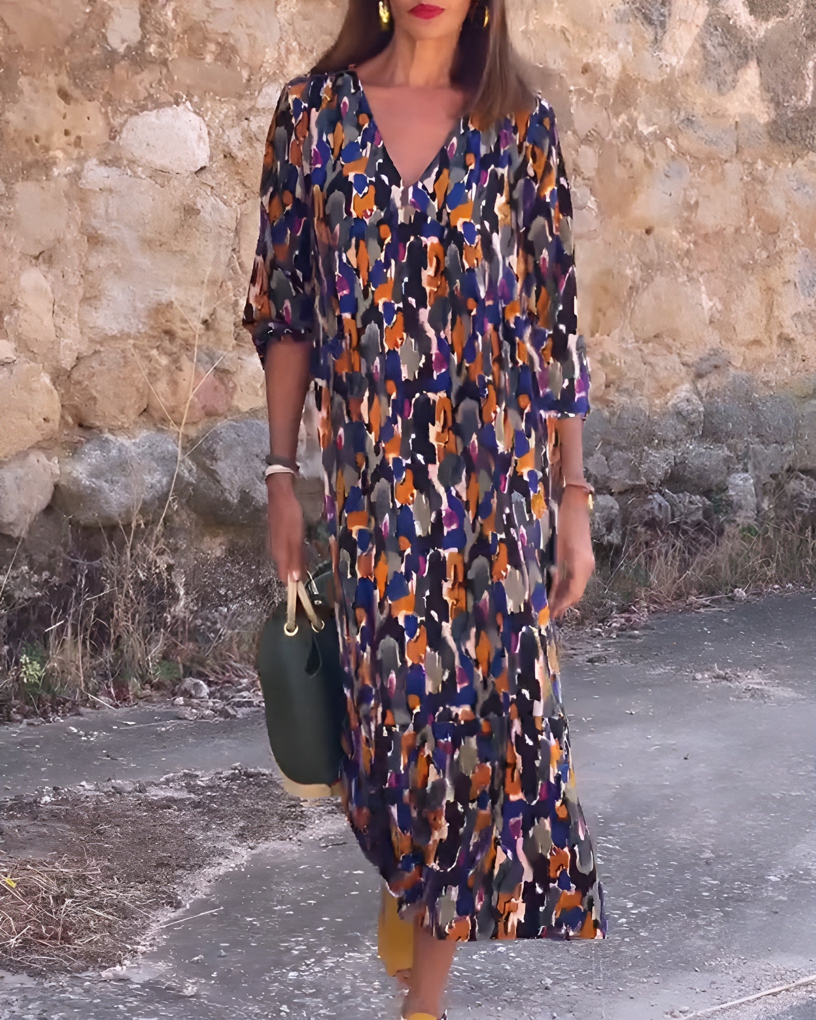 VIOLETTA | Robe Longue en V avec Motif Rétro et Confort Élégant pour Chaque Instant