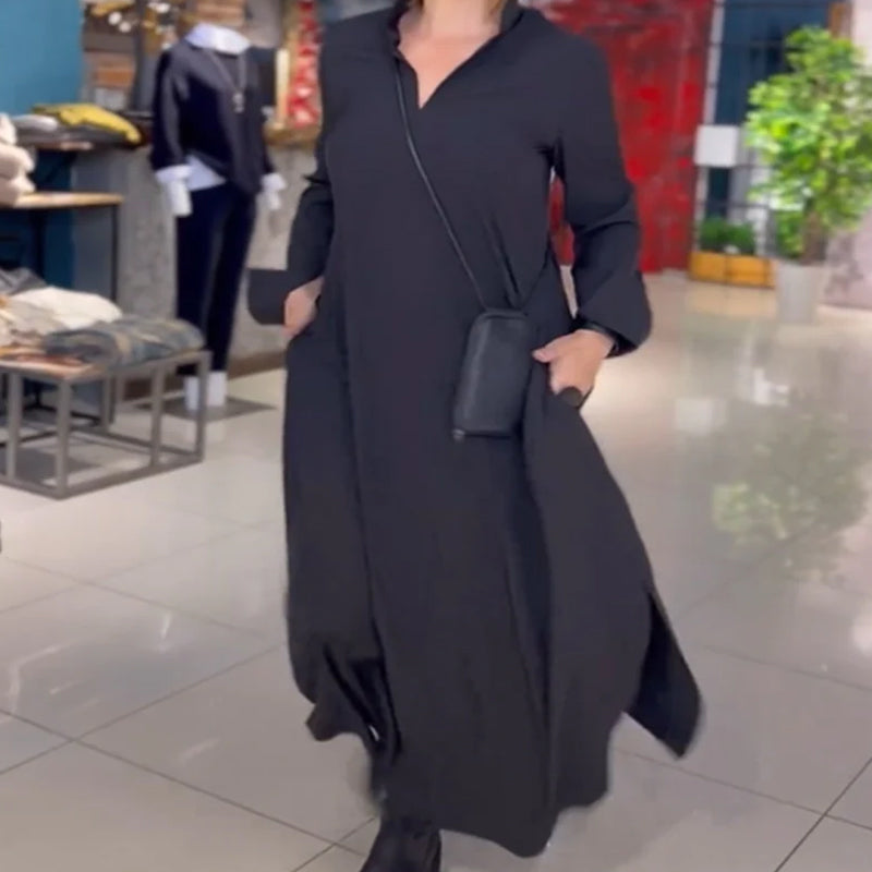 Sophia | Robe Longue Ample avec Col et Fente Élégante