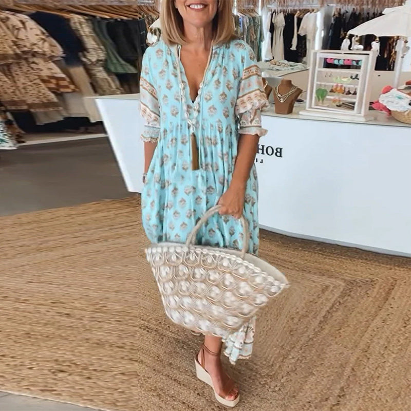 GIULIA | Robe Midi Imprimée avec Décolleté en V et Manches Ballon Élégantes